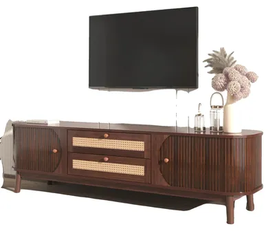 Image de Meuble TV, bois massif et rotin, style cottage moderne, naturel - MDF - 50-59 pouces