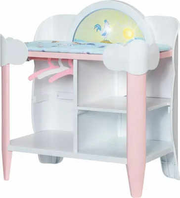 A baby doll changing table with shelves and hangers.
