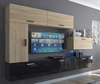 Immagine prodotto di Furnitech Parete attrezzata soggiorno - Mobili da soggiorno con LED RGB - 16 colori - Parete attrezzata moderna - Scaffali e mobile TV (Future C10_HGM_BS_13 1B)