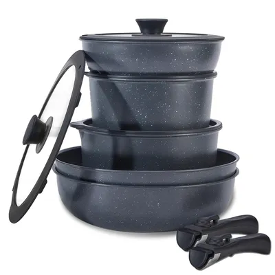 Produktbild von Topfset mit Abnehmbarer Griff, 15-Tlg Topfset Pfannenset Kochtopfset, Aluminium Antihaft-beschichtete Töpfe & pfannen,Cookware-Schwarz