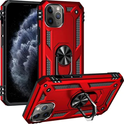 Produktbild von Conie Outdoor Schutzhülle für iPhone 11 Pro Tasche Silikon Hard Case Cover Hülle mit Halter Ständer in Rot