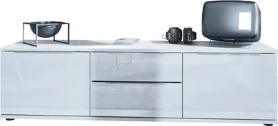 Produktbild von Vladon TV Lowboard Linio V1, Fernsehtisch mit 2 Türen und 2 Schubladen – Weiß / Weiß Hochglanz (138,5 x 37,5 x 35 cm)