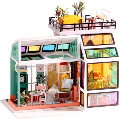 Zdjęcie produktu dla Habarri | Miniaturowy Domek - DIY Domek dla Lalek - Drewniany Domek z Meblami i Oświetleniem LED - Prezent dla Dzieci - Przez Różowe Okulary