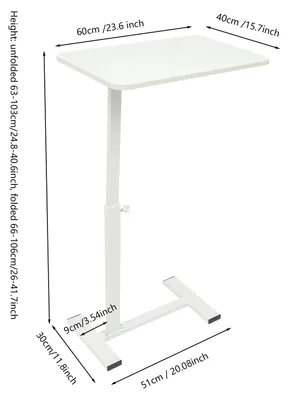 Image de Table d'appoint sur roulettes - Table d'ordinateur portable réglable en hauteur - Plateau en MDF de 60x40 cm - Hauteur de 65 à 90 cm - Table de chevet et table d'appoint pour canapé - Blanche