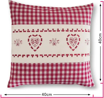 Produktbild von wometo Kissenhülle Zierkissen 40x40 OEKO-TEX - Landhaus-Stil Dekokissen Sofakissen Stick Herz rot kariert, Karo rot heller Hintergrund Reißverschluss