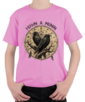 Immagine prodotto di Maglietta per bambini, rosa, taglia 116, con immagini di vichinghi, corvi di Odino (Huginn e Muninn), simbolo Vegvisir e riferimenti alla mitologia nordica