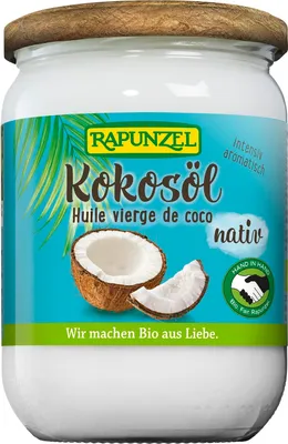 A jar of Rapunzel Kokosöl (coconut oil) with a coconut and palm leaf illustration.