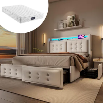 Immagine prodotto di Letto imbottito 140x200, letto matrimoniale con testiera a Led e USB C e 4 cassetti, letti contenitore, beige, con materasso
