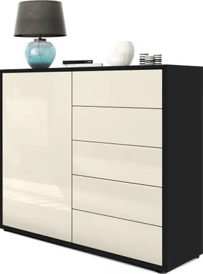 Produktbild von Vladon Sideboard Ben V2,  Germany, Kommode mit 1 Tür und 5 Schubladen, Schwarz matt/Creme Hochglanz (79 x 74 x 36 cm)