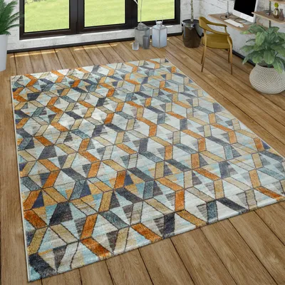 Immagine prodotto di Tappeto da salotto, tappeto a pelo corto con motivo a rombi, giallo, blu, grigio, dimensioni 120x170 cm