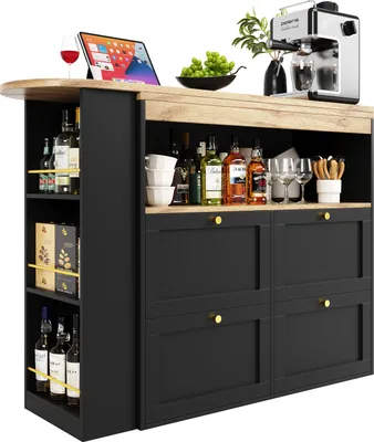 A bar cabinet with bottles, glasses, and other accessories displayed on its shelves and countertop.