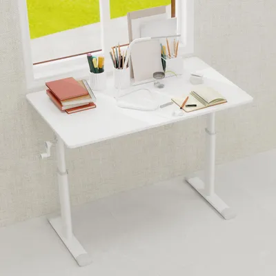Produktbild von MODFU Höhenverstellbarer Büroschreibtisch 60*100 mit breiten Füßen für Kinder und Erwachsene,Sofatisch Beistelltisch mit Doppelsäulenkonstruktion und weißen Tischbeinen,weiß