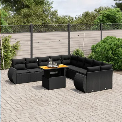 Produktbild von Design 11-tlg. Garten-Sofagarnitur mit Kissen Schwarz Poly Rattan, Gartenmöbel-Sets 2024 Neu