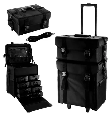 Produktbild von Kosmetikkoffer 2 in 1 mit Rollen und abnehmbarem Oberteil, Friseurkoffer mit 8 Schubladen, Schwarz