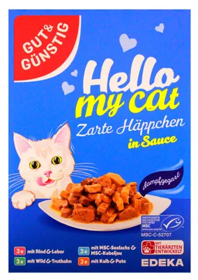 Produktbild von Hello my cat Zarte Häppchen in Sauce 4 Sorten Katzenfutter, 8er Pack (8 x 1.2 kg)
