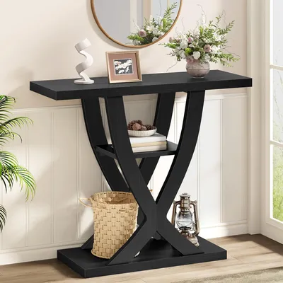 Consoletafel, X-Gestell, 3 Ablagen, 80x30x80 cm, Schwarz