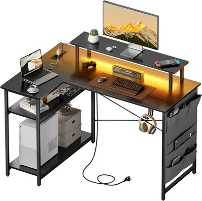 Immagine prodotto di Scrivania a forma di L - Scrivania angolare per l'ufficio - Ideale per lavorare da casa e studiare - Presa di corrente e porte USB integrate - 110 x 80 cm - Colore: nero