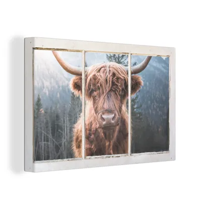 Produktbild von OneMillionCanvasses® - Leinwandbilder - 150x100 cm, Hochlandrind - Berg - Aussicht, Wandbilder Kunstdruck Wanddekoration