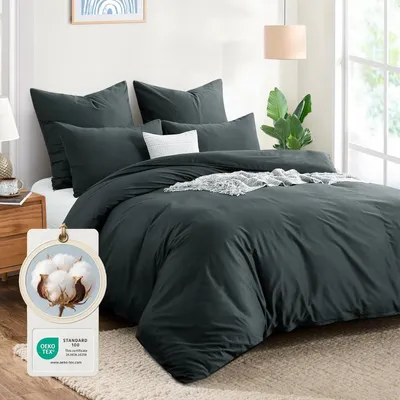 Productafbeelding van TRANKIELO® - Beddengoedset 200x220 cm katoen - 3-delig met dekbedovertrek en kussenslopen - Antraciet kleur