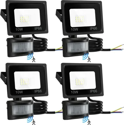 Four black LED floodlights with motion sensors are arranged in a 2x2 grid on a white background.