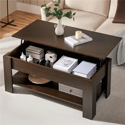 A dark brown lift-top coffee table with storage, shown in a living room setting with a couch in the background.