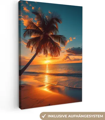 Produktbild von MuchoWow® - Leinwandbilder - Sonnenuntergang - Palme - Meer - Horizont - Strand, Wandbild, Wanddeko Bilder Wohnzimmer, 80x120cm