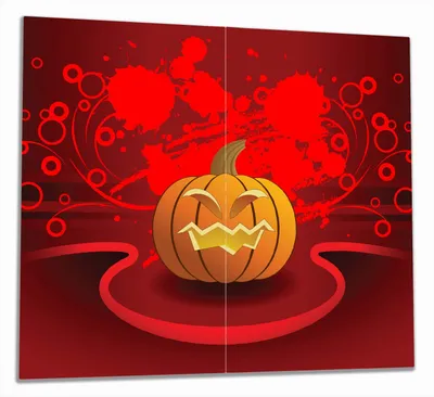 Produktbild von Wallario Herdabdeckplatte aus Glas, Größe 60 x 52 cm 2-teilig, Motiv Geschnitzter Halloween-Kürbis im Comic Stil