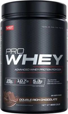 Produktbild von VAST Sports VAST PRO WHEY, Puder, Molkenproteinkonzentrat, Molkenprotein isoliert, Schokolade, L-Alanin, L-Arginin, L-Asparaginsäure, L-Cystein, L-Glutaminsäure, L-Glutamin, L-Glycin,..., 25 g, 115 kcal