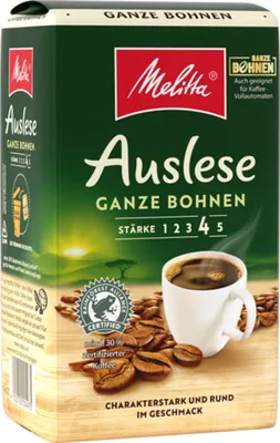 A package of Melitta Auslese whole bean coffee with a cup of coffee and coffee beans in the foreground.