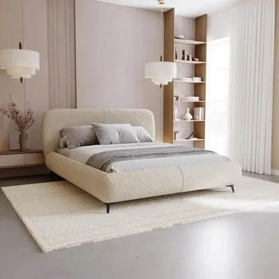 Produktbild von Chilly Möbel Design Bett Kyoto - Polsterbett im Japandi-Stil mit Bettkasten und Kopfteil 180x200 cm / Metallrahmen / Bouclé / Hellbeige