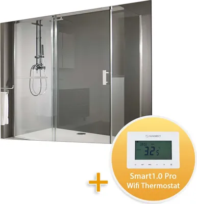 Produktbild von Sundirect MD450-Plus Badezimmer Infrarot Heizspiegel 60x85cm mit 450W inkl. Smart 1.0 Pro WiFi Thermostat - App Steuerung - Anti Beschlag Speigelheizung Heizung Infrarotpaneel Gäste WC Infrarotheizung