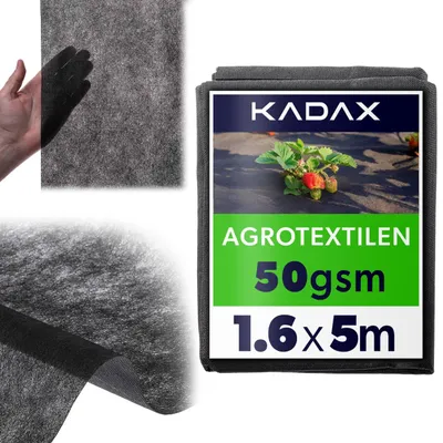 Produktbild von KADAX Unkrautvlies 1.6 x 5 m, 50 g/m², Schwarz Gartenvlies aus Polypropylen, Wasserdurchlässig Mulchvlies gegen Unkraut, Unkrautfolie für Garten, Pflanzfolie