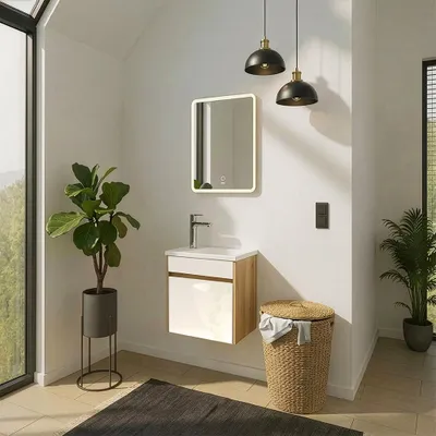 Produktbild von HOME DELUXE Badmöbel Komplettset BORKUM – Weiß/Eiche, MDF (48 x 25,5 x 45 cm) | Elegantes Set für kleine Bäder