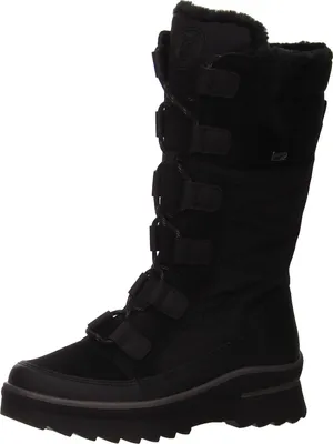 A black winter boot shown from the side against a white background.