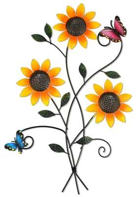 Imagen del producto de Decoración de pared con motivos de girasoles de metal, con mariposa tridimensional, de 38 cm, ideal para jardín y balcón