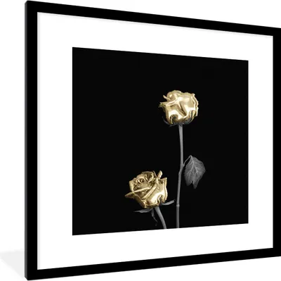 Produktbild von MuchoWow® MuchoWow® Gerahmtes Poster Rosen - Blumen - Schwarz - Weiß - Gold 40x40 cm - Poster mit zchwarzem Bilderrahmen - Poster - Plakat im Rahmen