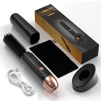 Image de INF Brosse lissante sans fil rechargeable en céramique avec base de chargement — 3 températures (160-200 °C), 5 000 mAh, contrôle des frisottis par ionisation Le noir