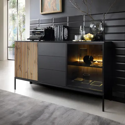 A modern sideboard in a living room setting.