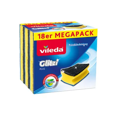 A product package of Vileda Glitzi Plus sponges.