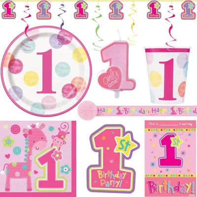 Produktbild von XL Partyset 1. Geburtstag Mädchen rosa Punkte Partyartikel Deko