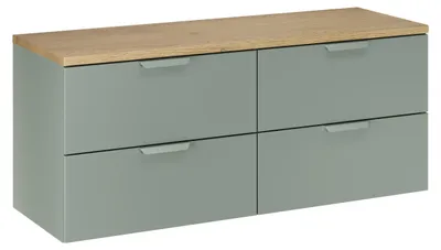 Image de Ensemble de salle de bain de 120 cm, vert, avec plan vasque en bois imitation chêne, 4 tiroirs, design moderne