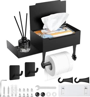 Productafbeelding van Toiletpapierhouder met vochtige doekjesdoos, zwart, wc-papierhouder, zonder boren, roestvrij staal, wc-papierhouder
