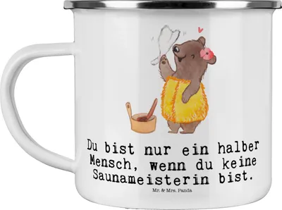Produktbild von Mr. & Mrs. Panda Emaille Becher Saunameisterin Herz - Weiß - Geschenk, wanderbecher, Tasse, Haferl, Blechtasse, Teetasse