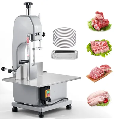 Image de Scie à os électrique - Scie à ruban pour viande - Moteur 1 500 W - Épaisseur de coupe 0–110 mm - Table de travail 31,5 x 46 cm - 7 lames de rechange incluses - Pour la viande et les os congelés