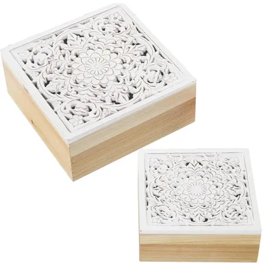 2er-Set quadratische Holzkisten, Weiß/Natur, 20x20x8,5 cm & 16x16x6,5 cm