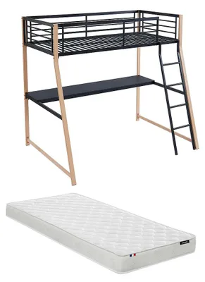 Produktbild von MALICIA Zwischengeschossbett - 90 × 190 cm - eingebauter Schreibtisch - schwarz und Eiche, komplett mit Matratze