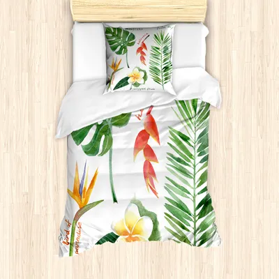 Produktbild von ABAKUHAUS Pflanze Mantele, Tropical Flora, Milbensicher Allergiker geeignet mit Kissenbezügen, 135 cm x 200 cm - 80 x 80 cm, Erde Gelb Farn-Grün