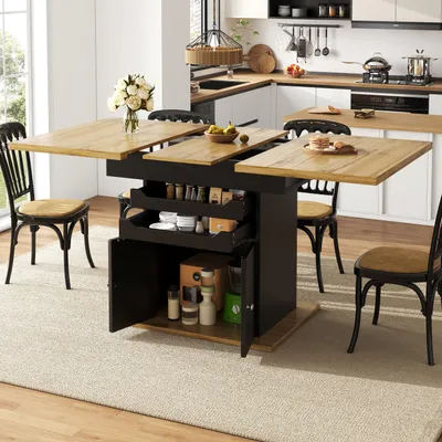 Immagine prodotto di MODFU Tavolo telescopico allungabile salvaspazio da cucina con ante e cassetti con chiusura ammortizzata, mobile bar con due cassetti, nero