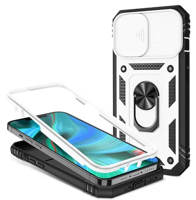 Immagine prodotto di NALIA custodia ad anello in stile militare per iPhone 13 Pro, estremamente protettiva con cornice del display e copertura della fotocamera, anello a 360° per funzione stand e supporto per auto bianco