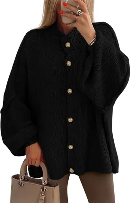 Produktbild von ASKSA Damen Strickjacke Knopfleiste Strickpullover Elegant Laternenaermel Pullover Einfarbig Vintage Locker Casual Winter Strick Cardigan Sweater (Schwarz,S)